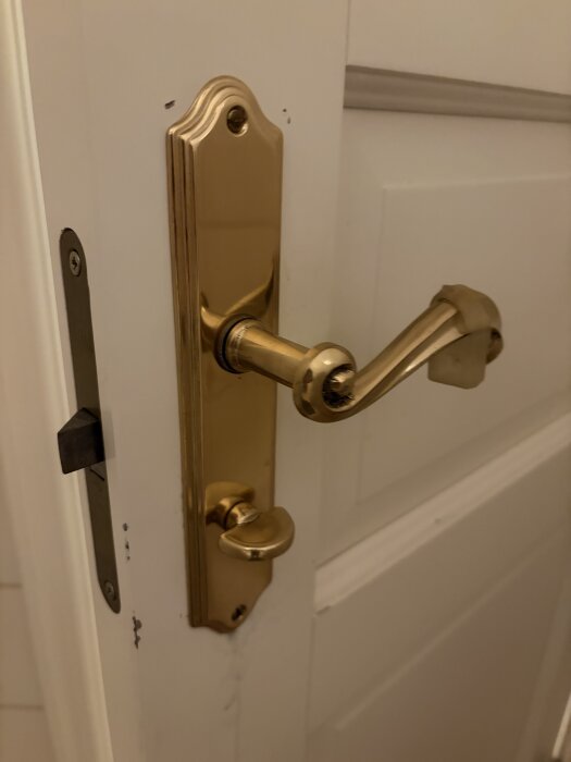 Guldfärgat dörrhandtag och vred på vit dörr, med dörrlåset synligt.