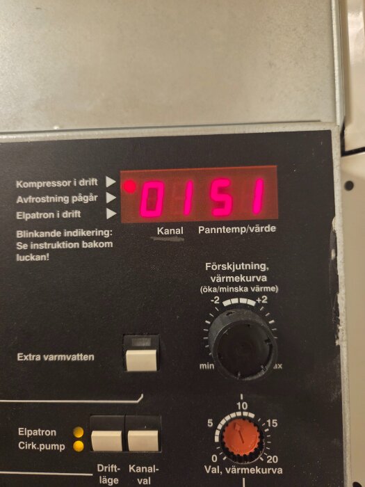 Kontrollpanel på en Nibe Fighter 310P frånluftvärmepump med inställningen "Kanal" på 151 och elpatron och cirkulationspump i drift.