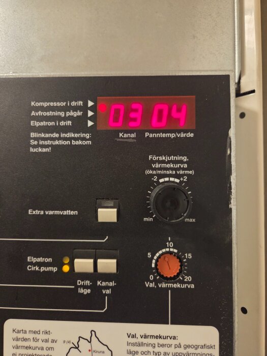 Kontrollpanel till en Nibe Fighter 310P frånluftvärmepump, med digital display och reglage för värmekurva och varmvatten.