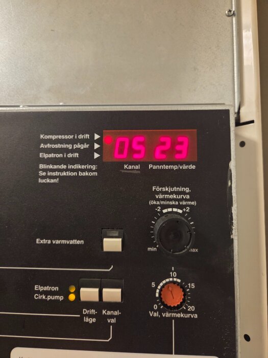 Display på en Nibe Fighter 310P som visar kanal 5 och panntemperatur/värde 23. Kontrollknappar och vred för extra varmvatten och elpatron syns.
