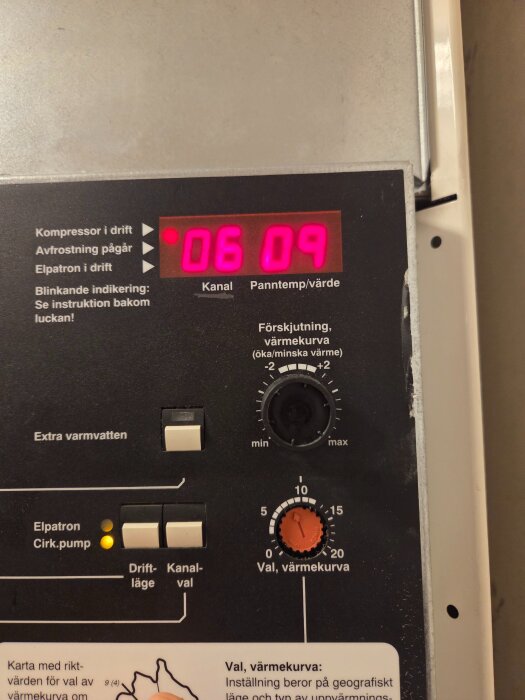 Närbild på kontrollpanelen av en Nibe frånluftvärmepump, visar inställningar för kanaler och värmekurva samt digital display med siffrorna 06 09.