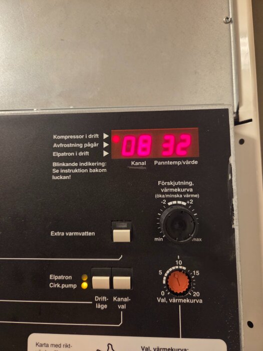 Nibe Fighter 310P panel med digital display som visar kanalinställning och pannvärde. Justeringsrattar och indikatorlampor är synliga.