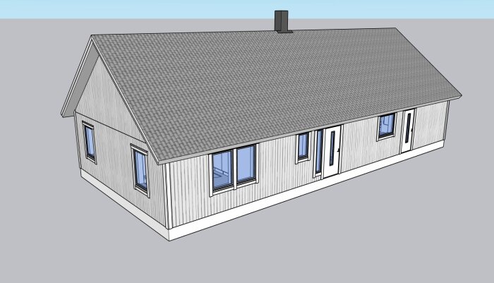 3D-modell av ett enkelt, rektangulärt hus med sadeltak och flera fönster och dörrar på sidan.