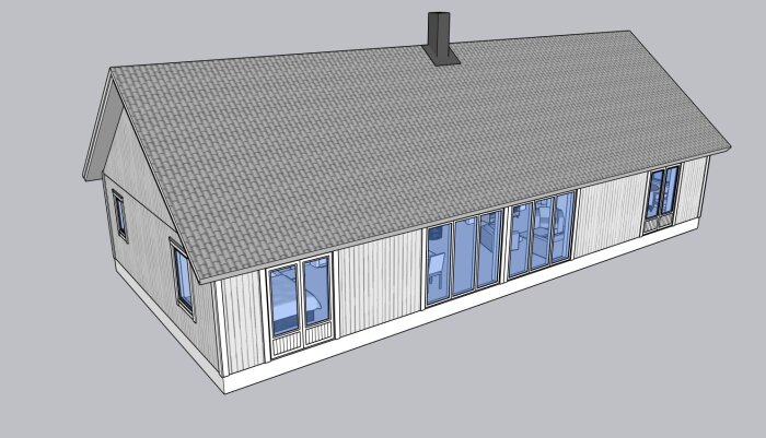 3D-modell av ett enplanshus med sadeltak, träfasad och stora fönster.