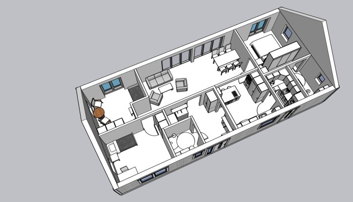 3D-modell av ett mindre hus med flera rum, inklusive vardagsrum, sovrum och kök, visad i perspektiv.