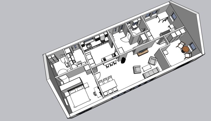 3D-planritning av ett mindre hus med flera rum, inklusive kök, vardagsrum och sovrum, sett uppifrån.