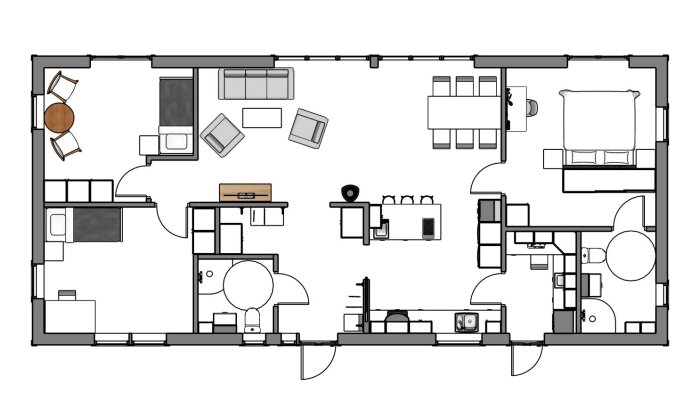 Planritning av lägenhet med sovrum, kök, vardagsrum, matsal och badrum.