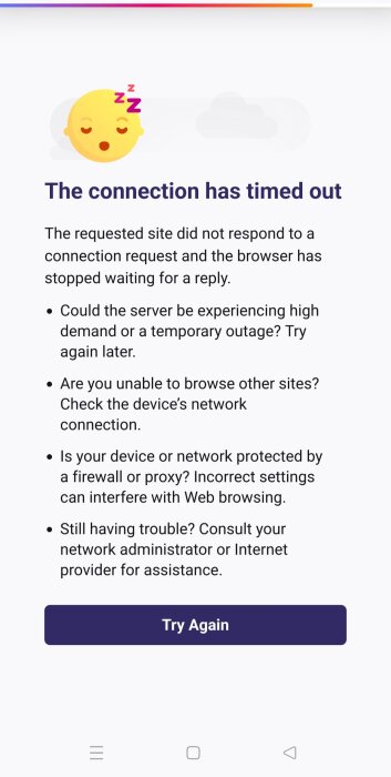 Bilden visar ett meddelande om uppkopplingsproblem med texten "The connection has timed out" och en ritad sovande emoji.