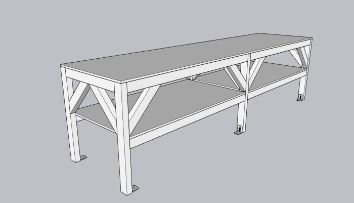 Ritad design av arbetsbänk med förstärkta ben och hylla, sannolikt hemmabygge enligt användarens beskrivning.