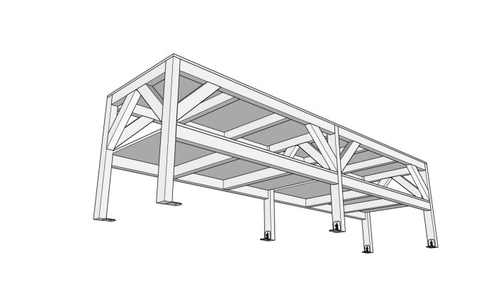 Illustration av en byggnadsställning eller plattform med stöd och tvärgående bjälkar.