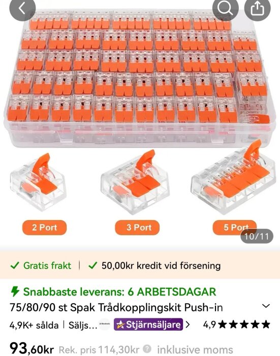 Trådkopplingskit med push-in klämmor i en plastbox, med olika portar, säljs på Temu. Stjärnbetyg och prisinformation synliga.
