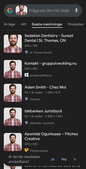 Sökresultat från Google Lens-visning med person i rutig skjorta, olika matchningar från webbplatser som Sedation Dentistry och grupputveckling.nu.