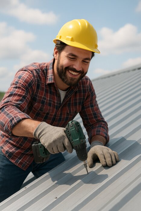 En person med gul hjälm och rutigt skjorta arbetar på ett plåttak med en borrmaskin, leende under klar himmel.
