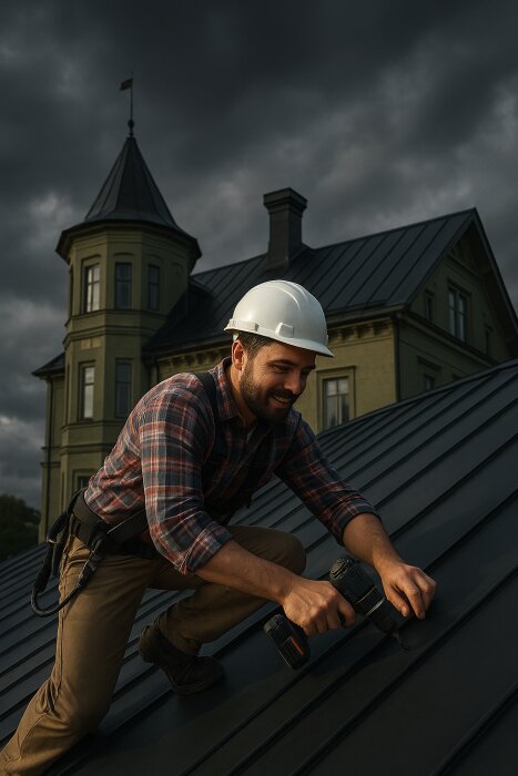 En man i hjälm och arbetskläder arbetar på ett tak med en skruvdragare, med ett hus i bakgrunden under en dramatisk himmel.