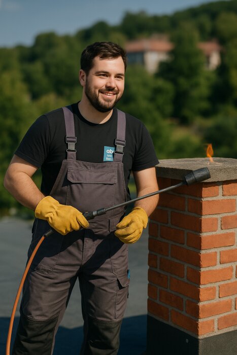 Byggarbetare i arbetsoverall och handskar står på ett tak bredvid en skorsten, håller en brännare och ler mot kameran.