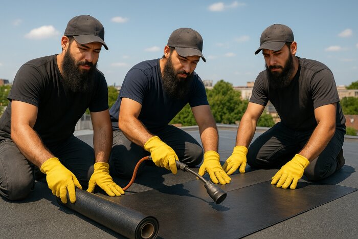 Tre personer i svarta t-shirts och kepsar arbetar på ett tak med gult hjälphandskar. De lägger ut takpapp och använder en brännare.
