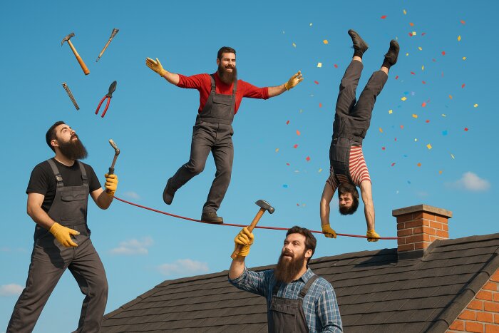 Personer i byggkläder jonglerar och balanserar på ett hustak under en blå himmel med konfetti i luften.