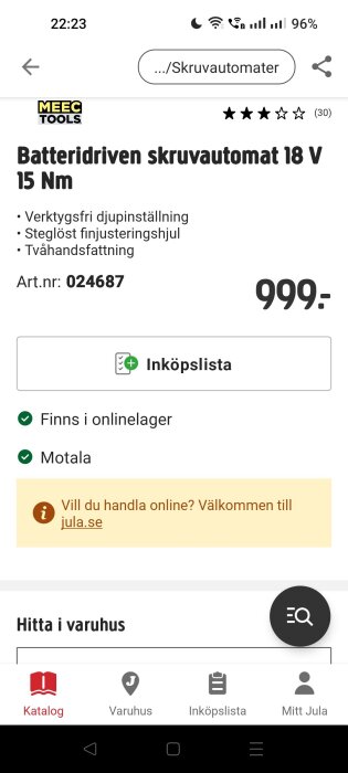 Produktbild av batteridriven skruvautomat 18 V från Meec Tools med pris 999 kr och specifikationer som verktygsfri djupinställning.