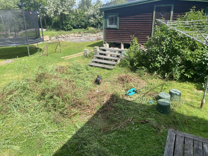 Trädgård med nedklippta buskar, redskap och en trappa till ett brunt hus, samt en trampolin i bakgrunden.