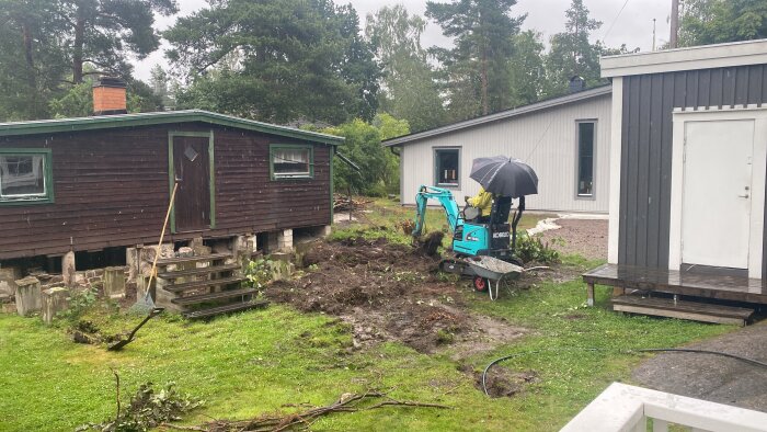 Person på grävmaskin gräver i en trädgård mellan en röd stuga på plintar och ett grått hus. Träd och buskar i bakgrunden.