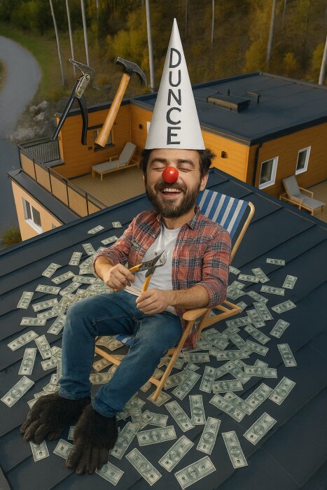En man med dumstrut och clownnäsa sitter på ett tak bland pengar, håller i verktyg, omgiven av hammare och skiftnyckel, med stora fötter.
