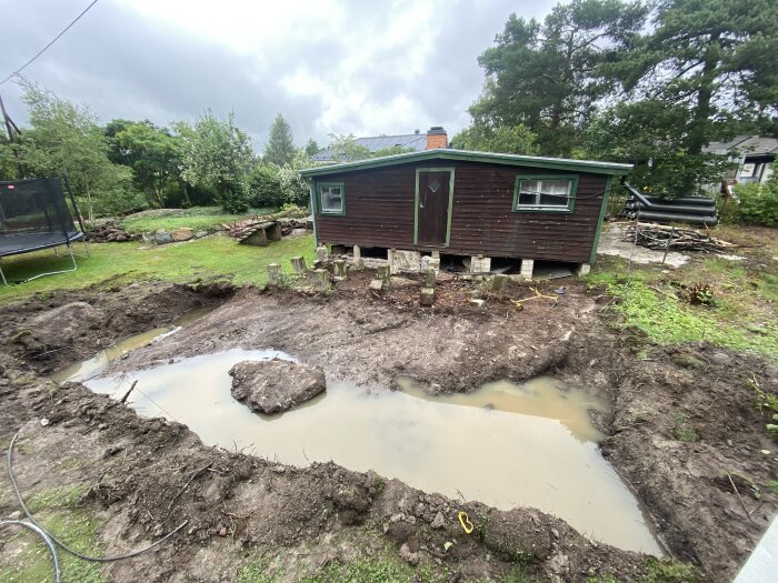 Vattenfyllt grop vid en liten stuga i en trädgård efter kraftigt regn, med leriga kanter och trampolin i bakgrunden.