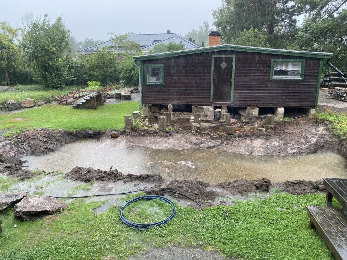 En vattenfylld utgrävning framför en stuga i en grön trädgård under regnig himmel. En slang ligger på marken.