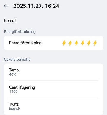 Skärmdump av tvättmaskinsapp som visar datum, energiikoner och tvättprogram. Inställningar: bomull, 40°C, centrifugering 1400, intensivtvätt.