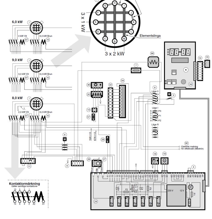 Schema över ett elektriskt system med kopplingsschema för kompressor och plastglasrelä, fokus på komponenter och kretskopplingar.