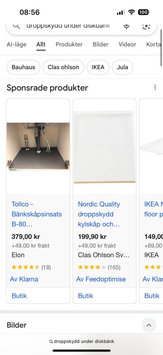 Sökresultat på droppskydd under diskbänk med sponsrade produkter från Elon, Clas Ohlson och IKEA, inklusive bilder och priser.
