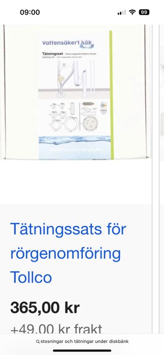 Tätningssats för rörgenomföring från Tollco, pris 365,00 kr plus frakt, med bilder av produkten och installationsinformation.