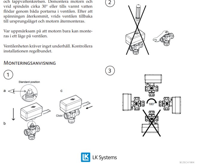 Illustration av monteringsanvisning för ventil LK 525 med steg för steganvisningar och varningar för felaktig montering.