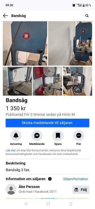 En blå bandsåg med flera bilder som visar olika vinklar och detaljer av maskinen, till salu för 1 350 kr.
