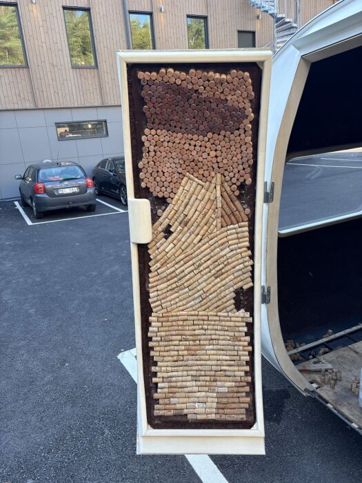 Dörr dekorerad med vinkorkar i olika mönster monterad i en träram, placerad utomhus framför ett modernt hus och parkerade bilar.