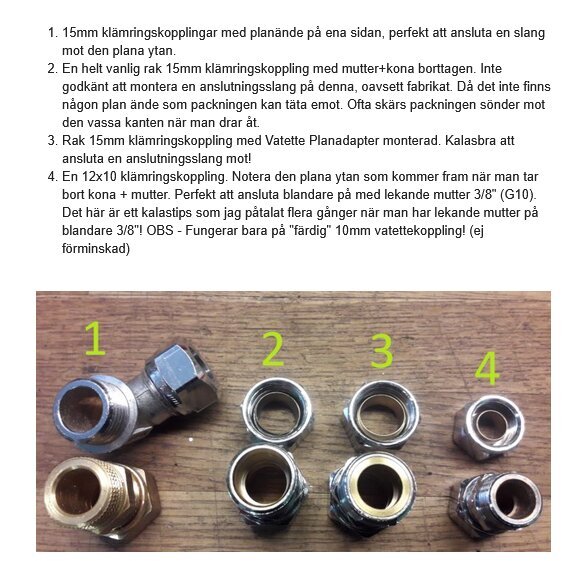 Fyra typer av klämringskopplingar numrerade 1 till 4, med text ovan som beskriver deras användning och skillnader.