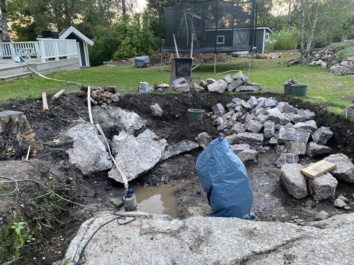 En grävd grop med spruckna stenar runt, en vattenpump, och en blå plastpåse i en trädgård med en altan i bakgrunden.