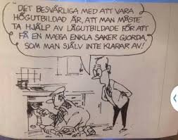 En tecknad bild där en man i kostym pratar med en person som arbetar under ett köksskåp. Text om utbildning och hjälp.