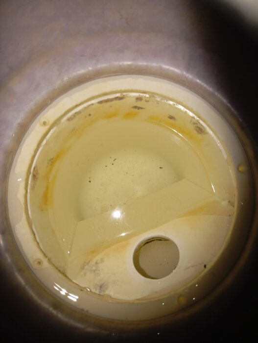 Bild av en avloppsbrunn som behöver en passande vattenlåsinsats, med smuts och rost runt insidan.