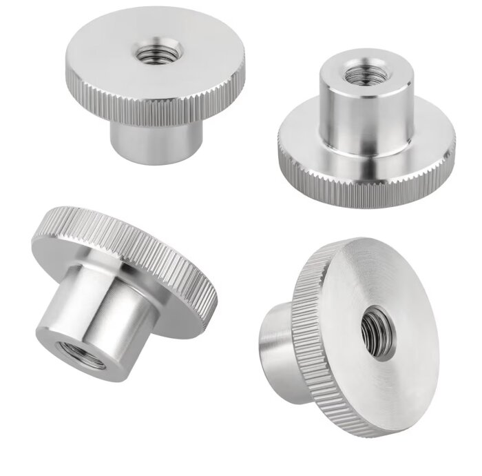 Runda tumgreppsmuttrar i metall, M8-gänga, utan sexkantskalle.