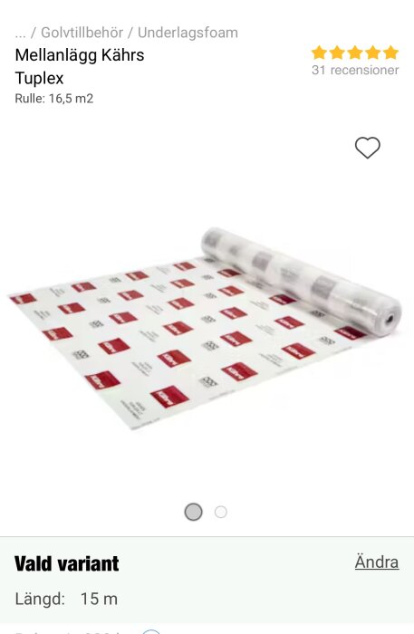 Rulle med underlagsfoam Kährs Tuplex, 15 m lång, för isolering och förstärkning av golv.