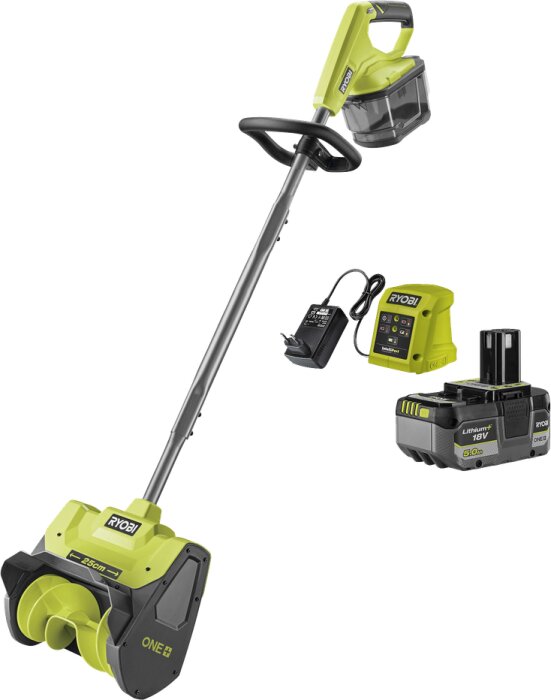 Ryobi ONE+ 18V snöskyffel med laddare och batteri, praktisk för snöröjning.