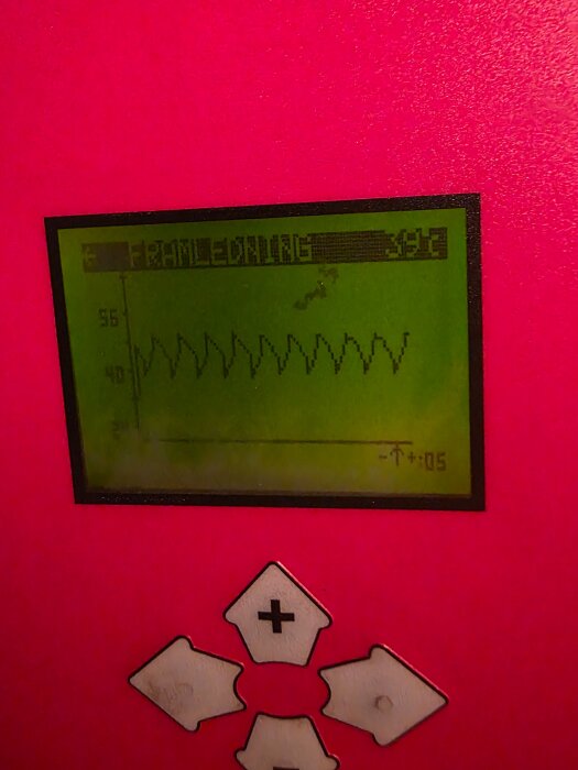 Display på värmepanna visar en graf för framledningstemperatur med varierande värden mellan 40 och 56 grader, omgiven av röda knappar.