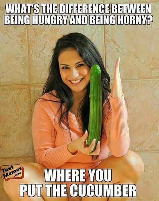 Kvinna i rosa tröja håller i en stor gurka, text om skillnaden mellan hunger och lust.