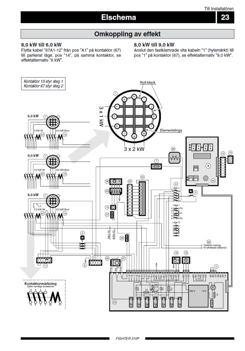 Elschema för omkoppling av effekt mellan 6,0 kW, 8,0 kW och 9,0 kW, med kopplingsschema, komponenter och instruktioner för installation.