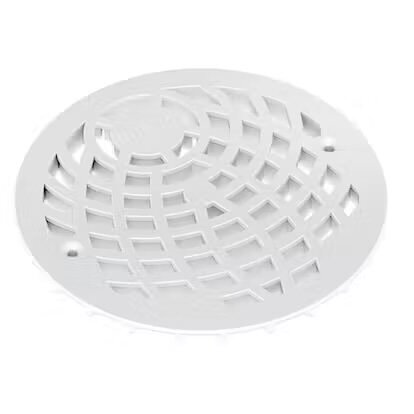 Vit, rund ventilationsgaller med geometriskt mönster och tre skruvhål för montering.