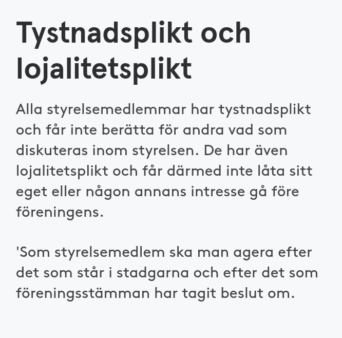 Tystnadsplikt och lojalitetsplikt text om styrelsens ansvar och regler för föreningsmedlemmar.