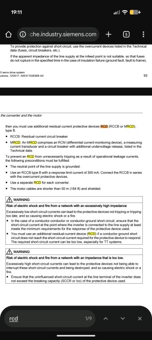 Manualsida om skydd mot kortslutning och elektriska stötar, inklusive användning av skyddsanordningar och varningsmeddelanden om risker vid felaktig impedans.
