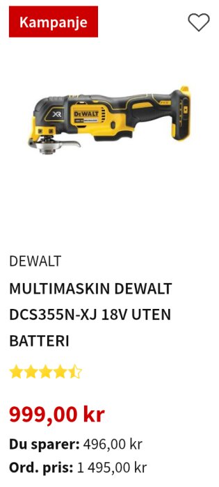 Multimaskin DeWalt DCS355N-XJ 18V utan batteri, visas med kampanjpris 999,00 kr. Rabatt på 496,00 kr från ordinarie pris 1 495,00 kr.