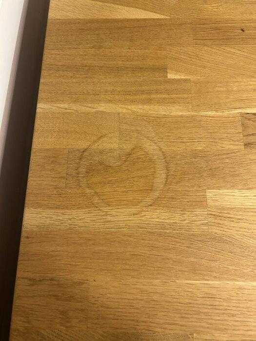 Vattenfläck i form av en ring på ett träbord som orsakats av en läckande kruka med basilika.