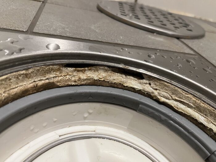 Närbild av en golvbrunn i dusch med synlig skada eller saknad fog. Fläckar av fukt och oklanderad täthet runt golvbrunnen.